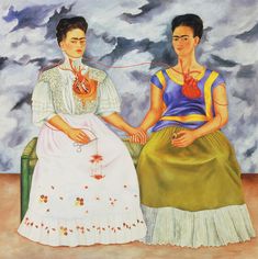 a painting of two women sitting next to each other in front of a cloudy sky