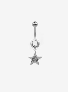 Silver-tone navel barbell with a swirled star charm and clear gem detailing. Jewelry care: Wash with antibacterial soap and warm water. Piercing care: Wash hands thoroughly  then clean piercing with H2Ocean (sold separately) or saline solution. Star Belly Piercing, Navel Piercing Aesthetic, Naval Piercing, Cleaning Piercings, Unique Belly Rings, Star Swirl, Piercing Care, Navel Piercing Jewelry, Belly Button Piercing Jewelry