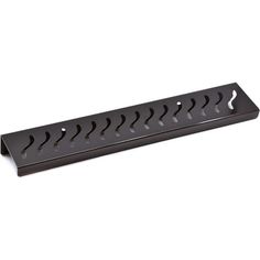 a black metal shelf with four holes on the bottom and one hole in the middle