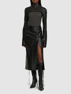 Front snap button closure. Zip cuffs. Buckle strap details at shoulders. Model is wearing a size40 Leather Bolero, Rick Owens Women, Champion Jacket, Rick Owens Jacket, Versace Brand, Cropped Leather Jacket, Bolero Jacket, Brown Leather Jacket, Leather Jacket Black