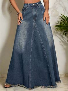 Retro Pocket High-Rise Waist Wide Panel Distressed Fringe Denim Blue Jean Maxi Skirt This retro chic denim skirt is a elevated choice that will have you looking fashionably chic in any setting.Vintage style with a modern contemporary twist that effortlessly transitions from day to night, making this a playful choice.Retro high waist offers confidence, comfort and functionality while creating an elongated silhouette that enhances your curves while preventing muffin top.An extra long oversized wid High Waist Denim Skirt, Hipster Skirt, High Waisted Denim Skirt, Denim Patterns, High Waist Denim, High Waist Dress, Hem Design, Skirt With Pockets, Mid Length Skirts