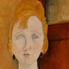 a painting of a woman's face with red hair and blue eyes, in front of a brown wall