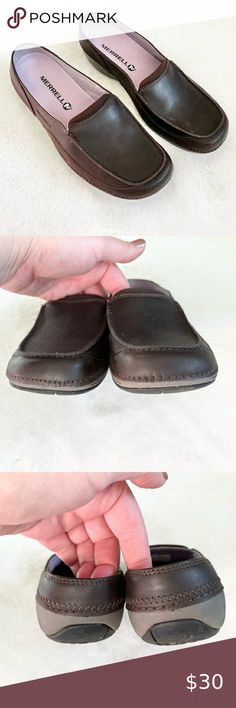 MERRELL Womens Espresso J227310C Brown Leather Slip On Mules Size 7.5 Comy Merrell Shoes, Slip On Mules, Leather Slip Ons, Mens Flip Flop, Casual Chic, Espresso, Brown Leather, Slip On, Size 7