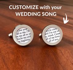 Your wedding song inscribed on PAPER cufflinks - Such a creative first anniversary gift for him! Wedding Song Lyrics, Groom Gifts, Husband Material, Wedding Song, Anniversary Gift For Him, Personalized Cufflinks, First Anniversary Gifts, 1st Anniversary Gifts, Bride And Groom Gifts