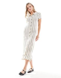 ASOS DESIGN short sleeve button through midi dress in white stripe | ASOS Dress Rental, Maxi Dress Trend, Petite Maternity, Prom Party Dresses, Leggings Shop, Festival Fashion, Dress Details, Modest Fashion, Casual Dresses For Women