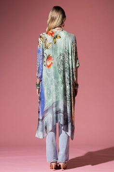 Introducing the Watercolor Floral Kimonos, featuring a stunning floral print against a watercolor-effect background. Made with 100% viscose, these kimonos are the epitome of luxury and elegance. The linear details add a touch of sophistication. Approximate measurements are L 38" and W 40", making it the perfect accessory for any occasion. Bohemian Silk Kimono, Bohemian Silk Flowy Kimono, Flowy Bohemian Silk Kimono, Summer Silk Kimono Flowy Fit, Flowy Silk Summer Kimono, Flowy Silk Kimono For Summer, Summer Silk Kimono With Open Front, Silk Open Front Kimono For Summer, Summer Multicolor Silk Kimono