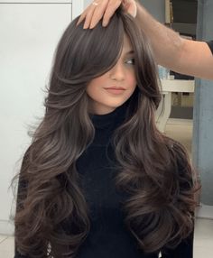 Curtain Bangs Fall Hairstyle 2b Haircut Long, Bangs To Curtain Bangs, Girl Haircut Ideas, Birkin Bangs, Dark Chocolate Brown Hair, Hottest Hairstyles, Beauty Hair Color, Hair Inspiration Long