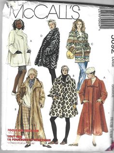 "McCall's 5092; ©1990;  \"Misses' Coat. Lined and Unlined Coats in Three Lengths. Views A and C: unlined. Views B and D: lined. Views A and B: tent shaped, front button. Views C and D: straight fitting, shawl collar. View C: tie belt, shawl collar.  Lined headband included.\" Pattern is uncut and in factory folds. Fits ~~ Large Sizes 18 - 20 Bust 40 - 42 Waist 32 - 34 Hip 42 - 44 Envelope corners creased, bottom corners have tears." Dress Coat Pattern Sewing, Coat Sewing Pattern, Pailin, Coat Sewing, Coat Pattern Sewing, Jacket Pattern Sewing, Mccalls Sewing Patterns, Winter Outerwear, Couture Vintage