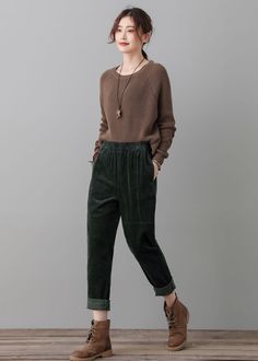 "★★DETAILS Cotton Corduroy Pants Two front pockets+two back pockets elastic waistband High waisted pants Wide leg pants Perfect for Spring, Autumn and winter Wash only in cold water and do not expose to direct sunlight. ★★ The model is 170 cm (5′ 7″) tall with a 80 cm (31.5\") bust, 66 cm (26\") waist. She is wearing the green corduroy pants in size XS. ★★ Please select custom order according to the follow situation Your height is not between 155 cm- 172 cm Your weight is over 75 kg Request the Casual Green Corduroy Pants, Green Corduroy Bottoms For Fall, Relaxed Fit Corduroy Ankle-length Pants, Relaxed Fit Ankle-length Corduroy Pants, Straight Corduroy Pants For Fall, Green Tapered Leg Winter Pants, Winter Corduroy Tapered Leg Pants, Fall Corduroy Straight Pants, Spring Ankle-length Corduroy Pants