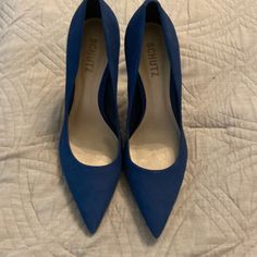 New Schutz Nobuck Blue Dress Heels 4 Inches Blue Heels For Work, Blue High Heel Heels For Workwear, Blue High Heels For Work, Formal Fitted Blue Heels, Black Block Heel Sandals, Black Strap Heels, Orange Heels, Embellished Heels, Dress Heels