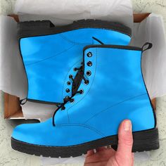 * Women's Sky Blue Leather Boots,  Birthday Gifts for Mother's Day Lace Up Boots * All of our Men's and Women's Faux Leather Boots are custom-made-to-order and handcrafted to the highest quality standards. Our unique designs are second to none. * When is the last time you walked into a shoe store and found affordable boots in so many different, phenomenal designs. When you're wearing these boots the complements won't stop. Our boots complement your personality... find the design that suits your Blue Leather Boots, Combat Shoes, Gifts For Mother's Day, Vegan Leather Boots, Handcrafted Boots, Green Boots, Custom Boots, Vegan Boots, Blue Boots