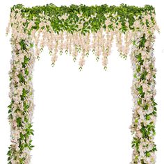 an arch covered in white flowers and greenery on a white background with space for text