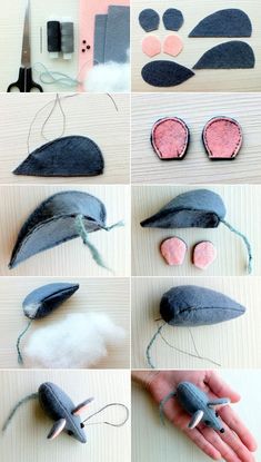 the steps to make a mouse out of felt are shown in several different ways, including yarn and scissors