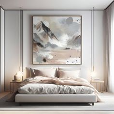 a large painting hanging above a bed in a room with white walls and flooring