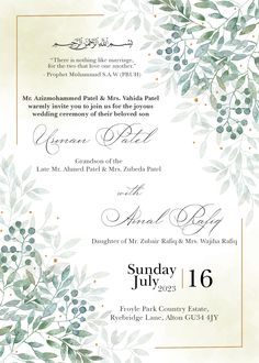 the wedding card is decorated with watercolor leaves