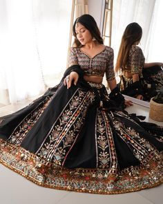 Readymade Embroidery Black Lehenga Choli For Women Dupatta Set Party Wear Navratri Diwali Pakistani Dress Bridesmaid Saree Blouse Crop Top  Choli: Fabric: Faux Georgette Inner: Crepe Work: Intricate Embroidery with Sequin Detailing Size: Up to 44 inches, Unstitched for a custom fit Lehenga: Fabric: Faux Georgette Inner: Crepe Work: Embroidery with Sequin Accents Size: Up to 44 inches, Semi-stitched for easy alterations Additional: Includes Can-Can with Canvas for added volume Dupatta: Fabric: Fa Lengha Sari, Black Lehenga Choli, Lehenga Choli Designs, Lehenga Choli For Women, Choli For Women, Bridesmaid Saree, Black Lehenga, Lengha Choli, Indian Lehenga