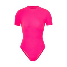 Fits Everybody T-Shirt Bodysuit - Neon Pink | SKIMS Funny Black People, Pink Bodysuit, Short Sleeve Bodysuit, Staple Pieces, Neon Pink, Soft Fabric, Cool Shirts, Soft Fabrics, Comfort Fit