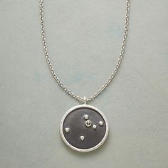 STERLING SILVER ZODIAC CONSTELLATION NECKLACE -- Hand cast in matte sterling silver, with a gunmetal face showing each zodiac sign's constellation in faceted white topaz, the sign stamped on the back. Necklace with sterling silver chain; spring ring clasp. 7/8" dia.; 18"L. Clay Zodiac, Zodiac Constellation Necklace, Cali Life, Constellation Necklace, Sundance Catalog, Garnet Bracelet, Zodiac Constellations, Lucky Charms, 24kt Gold