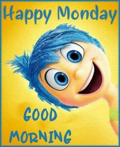 a cartoon character with blue hair and big eyes, says happy monday good morning everyone