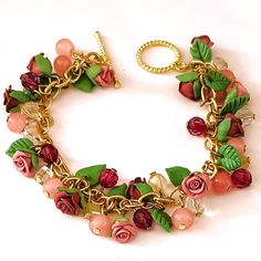 Handmade Pink Flower Bracelet With Gold Toned Chain. Shades Of Pink Beads. Porcelain Jewelry Made By Me From Air Dry Porcelain Clay. Each Pedal Is Molded By Hand To Form The Flowers And Leaves. Please Note That Colors Could Vary Slightly Due To Lighting. Approximate Measurement Size 8.25" Condition: New Never Worn Offers Welcome Cottage Core Jewelry Diy, Air Dry Porcelain Clay, Cottage Core Jewelry, Strawberry Jewelry, Pretty Ear Piercings, Lucite Jewelry, Clay Craft, Diy Charm Bracelet, Jewelry Accessories Ideas