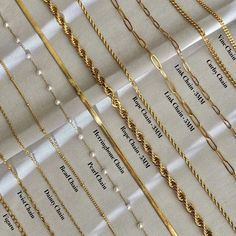 "18K Gold Chain Necklace, Twist Chain, Figaro Chain, Dainty Chain, Bead Chain, Curby Chain, Cuban Chain, Tiny Link Chain, Rope Chain, Paperclip chain, Herringbone Chain. * If you would like to add a Bracelet or Anklet please follow the link below. * All chains are made of High-Quality 18K Gold Filled over Stainless Steel* All Chains are nickel-free, lead-free, waterproof and tarnish resistant. Our jewelry is made to last, made of high-quality materials and it will NOT tarnish nor discolor. This Charm Necklace Chains, Basic Chain Necklace, Braided Chain Necklace, Chain Types Jewelry, Types Of Jewelry Chains, Affordable Party Necklaces With Curb Chain, Luxury Gold Custom Necklace Tarnish Resistant, Types Of Chain Necklaces, Nickel Free Cheap Chain Bracelet For Party