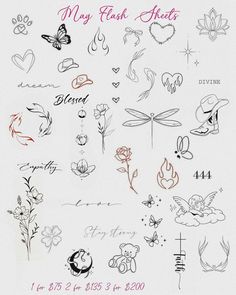 many different tattoos on a white paper with pink ink and writing in the middle,