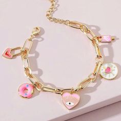 Chunky Charm Bracelet Very Cute & Adorable Pink Enamel Charms 14k Gold Plated Measurements: 7” + 1.5” Brand New Come In A Velvet Pouch Pink Chain Bracelet With Lobster Clasp, Pink Metal Chain Bracelet As Gift, Pink Metal Chain Bracelet Gift, Trendy Pink Charm Bracelet With Heart Charm, Pink Charm Bracelet For Valentine's Day With Lobster Clasp, Trendy Pink Heart Bracelet With Heart Charm, Trendy Pink Heart-shaped Charm Bracelet, Valentine's Day Multicolor Charm Bracelet, Chunky Charm Bracelet