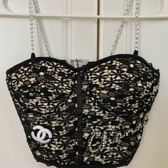 This Is A Small Crop Top Size Small/ Medium With Embroidery And Rhinestones Chanel Corset, Chanel Tank Top, Chanel Crop Top, Eyelet Sweater, Scoop Neck Crop Top, Vintage Swimsuit, Tie Crop Top, Small Crop Tops, Lingerie Outfits