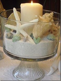 a glass bowl filled with sand and sea shells