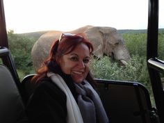 a woman sitting in a vehicle with an elephant behind her