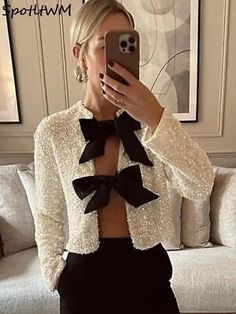 Top Seller for Sequin Elegant Tie-front Jacket Fashion Women Party Holiday Lady Classic Outwear, Womens Coats Jackets Huge Closet, Bow Fashion, Gaun Fashion, Pullover Mode, Chic Coat, Sequin Jacket, Mini Dresses For Women, Sequin Mini, Style Streetwear