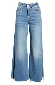 Made from superstretchy denim, these '70s-inspired palazzo jeans are remade for today with chewed hems and a slightly shorter inseam. 26 1/2" inseam; 27" leg opening; 12" front rise; 15" back rise (size 29) 77% cotton, 18% modal, 4% elasterell-p, 1% elastane Machine wash, tumble dry Made in Turkey Chic Medium Wash Flare Jeans With Frayed Hem, Trendy Medium Wash Flares With Frayed Hem, Trendy Cotton Flares With Frayed Hem, Chic Flares With Frayed Hem For Fall, Spring Denim Blue Flares With Frayed Hem, Trendy Bottoms With Unfinished Hem For Fall, Fall Medium Wash Wide-leg Flare Jeans, Trendy High Rise Wide Leg Pants With Frayed Hem, Wide Leg Flare Jeans With Frayed Hem For Fall