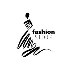 the fashion shop logo with a woman in a dress on a white background, black and white