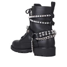 These vibrant and stylish boots will let you enter the world with style. These privileged boots, which are made of vegan leather and adorned with chains and studs, will stand out and provide an edgy edge to any ensemble. They are the ideal choice to transition your outfits from day to night, with an ankle buckle closure for a snug fit and a 1.5"H heel. These fashionable boots are ideal for wearing with jeans or skirts and are sure to draw attention. With these shoes, you'll undoubtedly feel pamp Fall Synthetic Lace-up Moto Boots, Trendy Ankle-high Heels With Reinforced Heel, Trendy Synthetic Boots With Medium Width, Trendy Medium Width Synthetic Boots, Spring Streetwear Round Toe Heels, Trendy Faux Leather Boots For Streetwear, Trendy Streetwear Faux Leather Boots, Trendy Faux Leather Boots, Trendy Summer Faux Leather Boots