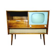 an old fashioned television set sitting on top of a wooden stand