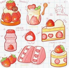 various strawberry desserts are shown in this hand drawn illustration