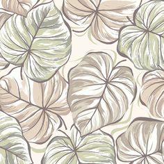 an abstract floral pattern with leaves in beige and brown colors on a cream background, suitable for wallpaper or fabric