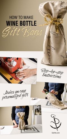 the instructions for how to make wine bottle gift bags with ribbon tied around each bag