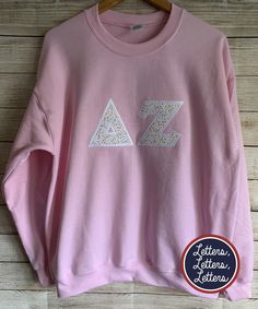 Dphie Shirts, Sorority Letters Sweatshirt, Delta Zeta Shirts, Sorority Shirts Letters, Stitched Shirts, Stitched Letters, Alphabet Lettering, Sorority Ideas, Letter Shirt