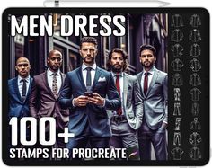 Introducing the Procreate Men Dress Stamps, a versatile collection of over 100 digital stamps designed to enhance your Procreate artwork with stylish and dapper men's clothing. This comprehensive set includes a wide range of dress styles, from formal suits and tuxedos to casual attire and trendy outfits. With these stamps, you can easily incorporate fashionable men's clothing into your illustrations, character designs, fashion sketches, and more. Each stamp is meticulously crafted to capture the details of different dress elements, such as collars, buttons, pockets, and textures, allowing you to create realistic and visually appealing artwork. The Procreate Men Dress Stamps offer endless possibilities for customization and creativity. Import the stamps into your Procreate app, resize, rota Procreate Artwork, Brushes For Procreate, Dapper Men, Different Dresses, Fashion Illustrator, Formal Suits, Tuxedos, Character Designs, Stamp Design