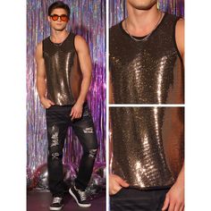 This shiny sleeveless shirt has a sequin pattern, crew neck, glitter design, and shiny party metallic tank tops. The glitter sequin metallic tank tops can make your outfit more trendy and eye-catching. You can pair the sequin tank tops with slim trousers, mesh t-shirts, and leather sneakers for fashion shows, parties, and summer celebrations. Shiny Sleeveless Top For Night Out, Shiny Sleeveless Tank Top For Party, Sleeveless Shiny Top For Night Out, Glamorous Shiny Sleeveless Tops, Glamorous Club Tank Top For Party, Glamorous Club Tank Top For Party Season, Metallic Sleeveless Tops For Party Season, Metallic Tank Top For Party Season, Metallic Sleeveless Tank Top For Night Out