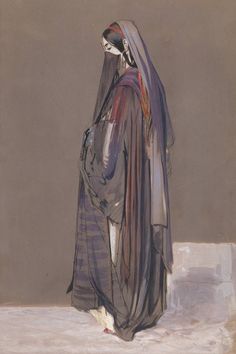 a painting of a woman with a veil on her head standing in front of a wall