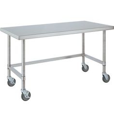 a stainless steel table with wheels on each side