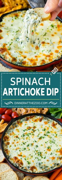 a hand dipping a piece of bread into a casserole with cheese and spinach dip