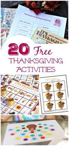 thanksgiving activities and printables for kids to do on the table with text overlay that reads 20 free thanksgiving giving activities