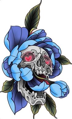 a blue rose with a skull on it's face and the word love is written in