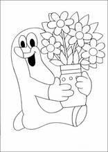 a black and white drawing of a cartoon character holding a vase with flowers in it