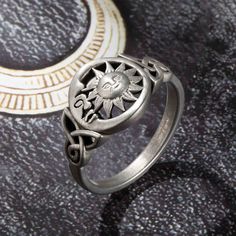 [From Designer]:Celtic knots are a distinctive Irish tradition, symbolizing luck, friendship, and strength. The sun and moon on the ring symbolize pure, eternal love, as eternal as the sun and the moon. The inner ring can be customized with lettering content to meet all your needs! [High Quality]:Made of sterling silver, quality assurance, fine workmanship, clear lettering, and comfortable hand feel. [Gift Occassions]:A suitable gift for mothers, daughters, wives, and good friends, hope that lov Moon And Sun Ring, Celtic Triquetra, Sun Ring, The Sun And The Moon, Sun And The Moon, Celestial Ring, Moon And Sun, Celtic Knots, Irish Traditions