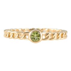 This is part of Chairish’s Fine Jewelry assortment.  Minimalist Round Peridot Stackable Solid Curb Chain Ring in 14K Gold featuring natural peridot of 0.15 carats. The gorgeous handcrafted ring goes with every style, every occasion or any outfit.  Peridot brings delight and good cheer. It attracts love and calms anger by giving renewal to all things. Designed with round cut peridot set in center of the solid chain style shank made in solid gold that makes it a perfect fit to wear it on your occa Yellow Gold Peridot Rings With Gemstone Accents, May Birthstone Stackable Round Stone Jewelry, Yellow Gold Peridot Gemstone Jewelry, Stackable Round Stone Jewelry For May Birthstone, Stackable May Birthstone Jewelry With Round Stones, Stackable Round May Birthstone Jewelry, Faceted Peridot Jewelry For May Birthstone, Peridot Jewelry With Gemstone Accents For May Birthstone, Peridot Faceted Jewelry For May Birthstone