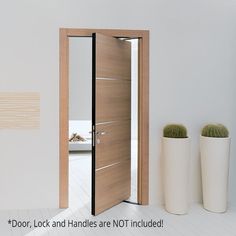 two white vases sitting next to each other in front of an open door with cactus inside